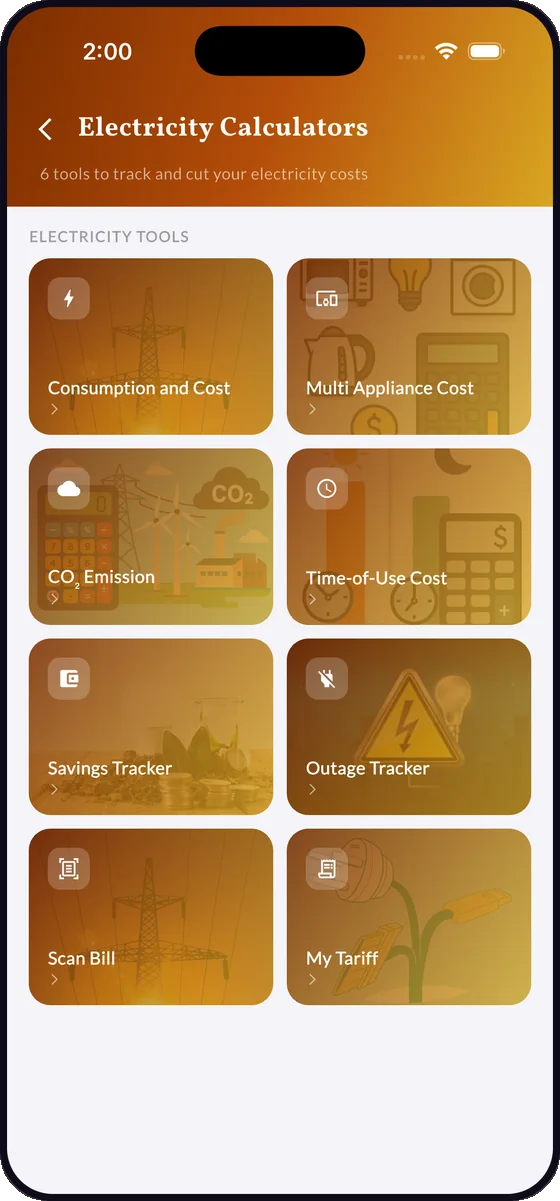 PowerPlanner electricity calculators — consumption and cost, multi appliance cost, CO2 emission, time-of-use cost, savings tracker, outage tracker, scan bill and my tariff.