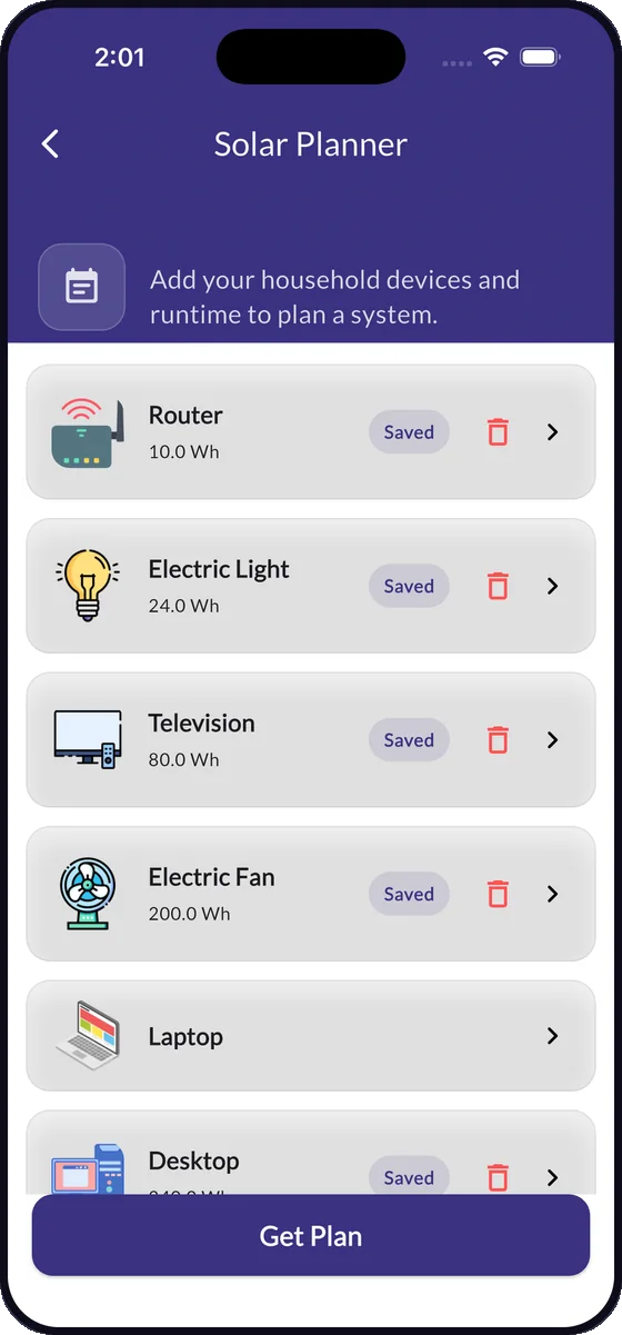 PowerPlanner Solar Planner screen with a saved appliance list — router, light, television, fan, laptop — and a Get Plan button.