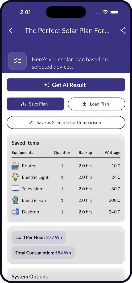 Generated solar plan with load per hour, total consumption and saved items table.